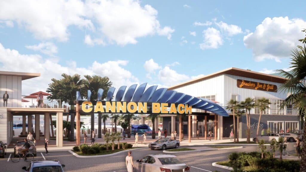 Cannon Beach McKinney Texas rendering showing surf lagoon and resort hotel at Stacy Road and Highway 121